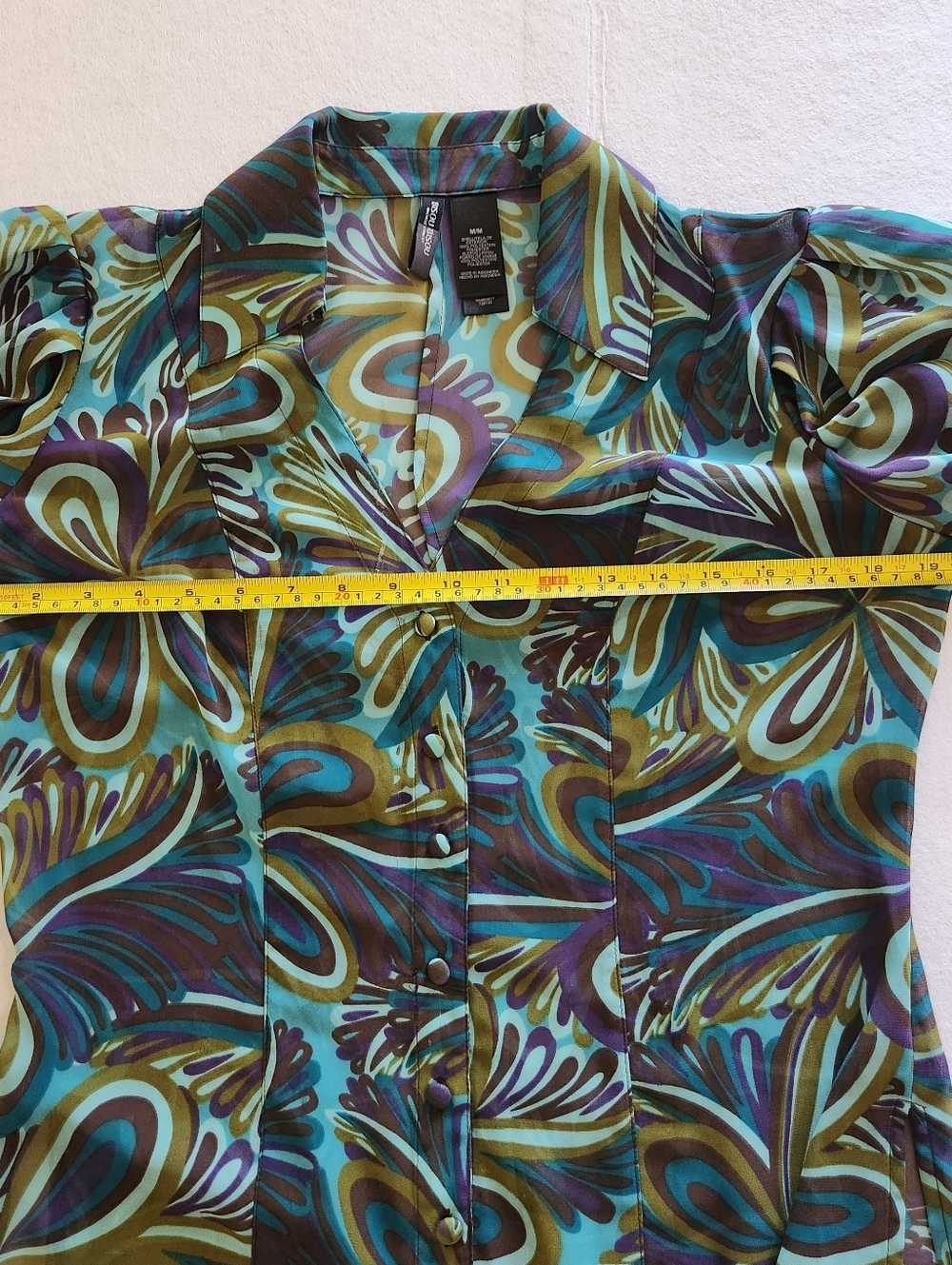 Bisou Bisou Teal, Olive & Purple Abstract Floral Puff-Sleeve Blouse Size Medium - Picture 7 of 9